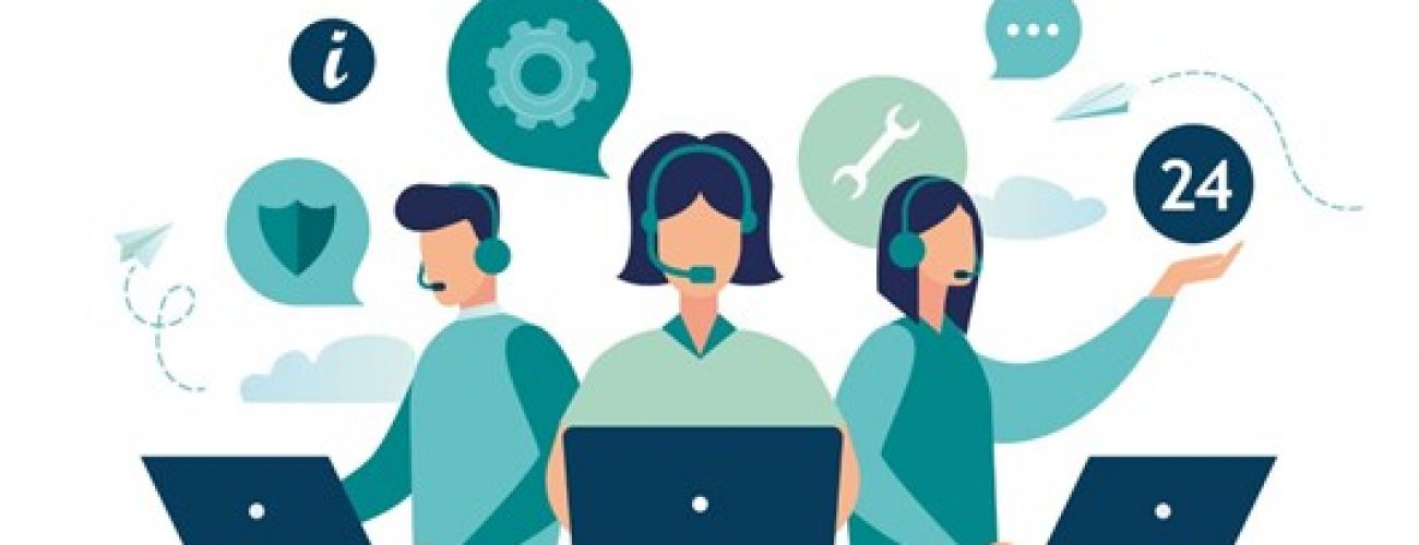 white background with various green accents. there are 3 figures that are also green, they are wearing headsets and have a laptop in front of them.