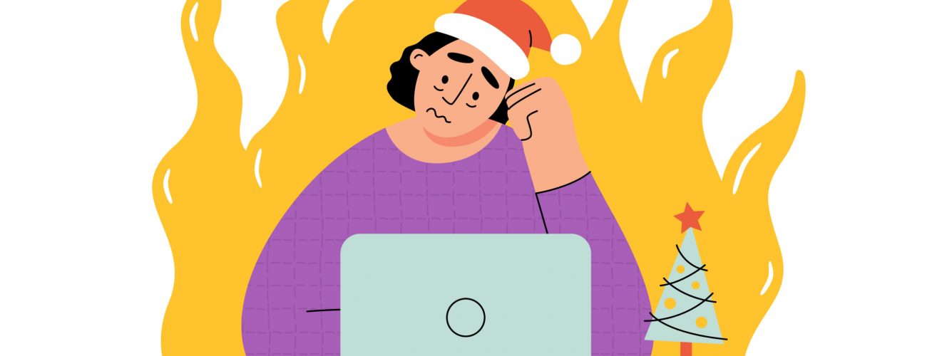 Work,Deadline,Before,Winter,New,Year,Holidays.,Sad,Girl,With person wearing a santa hat that looks stressed