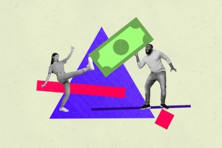 a man and woman in different poses looking happy. there is a green dollar bill in the middle of them with a purple triangle in the background