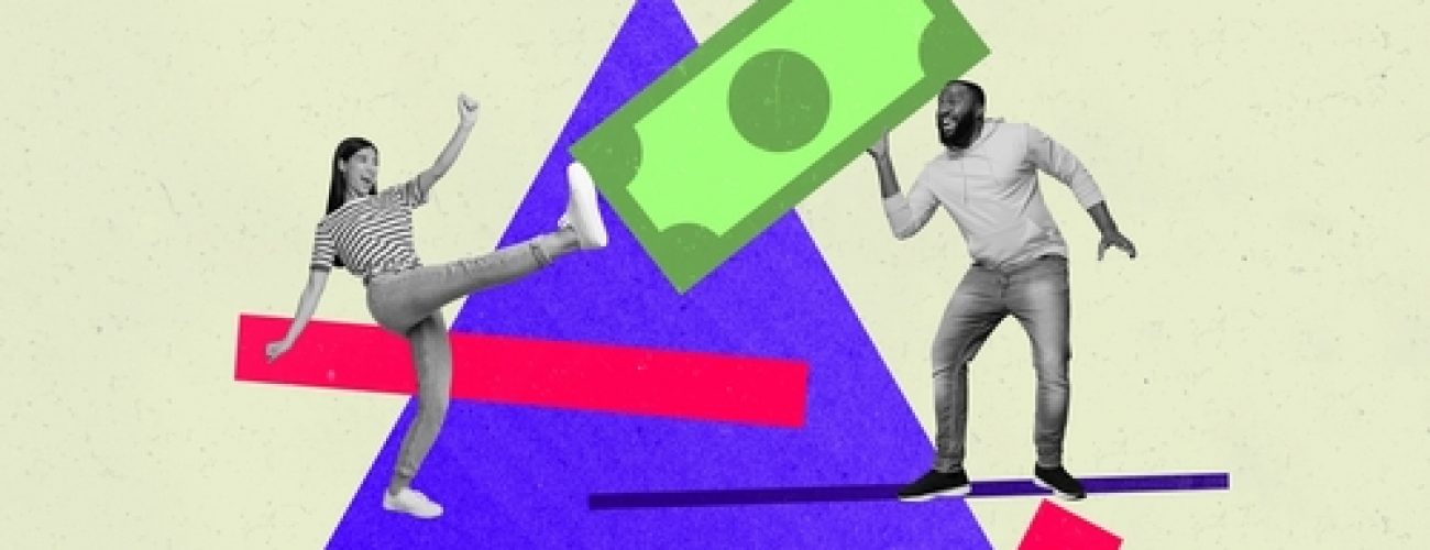 a man and woman in different poses looking happy. there is a green dollar bill in the middle of them with a purple triangle in the background